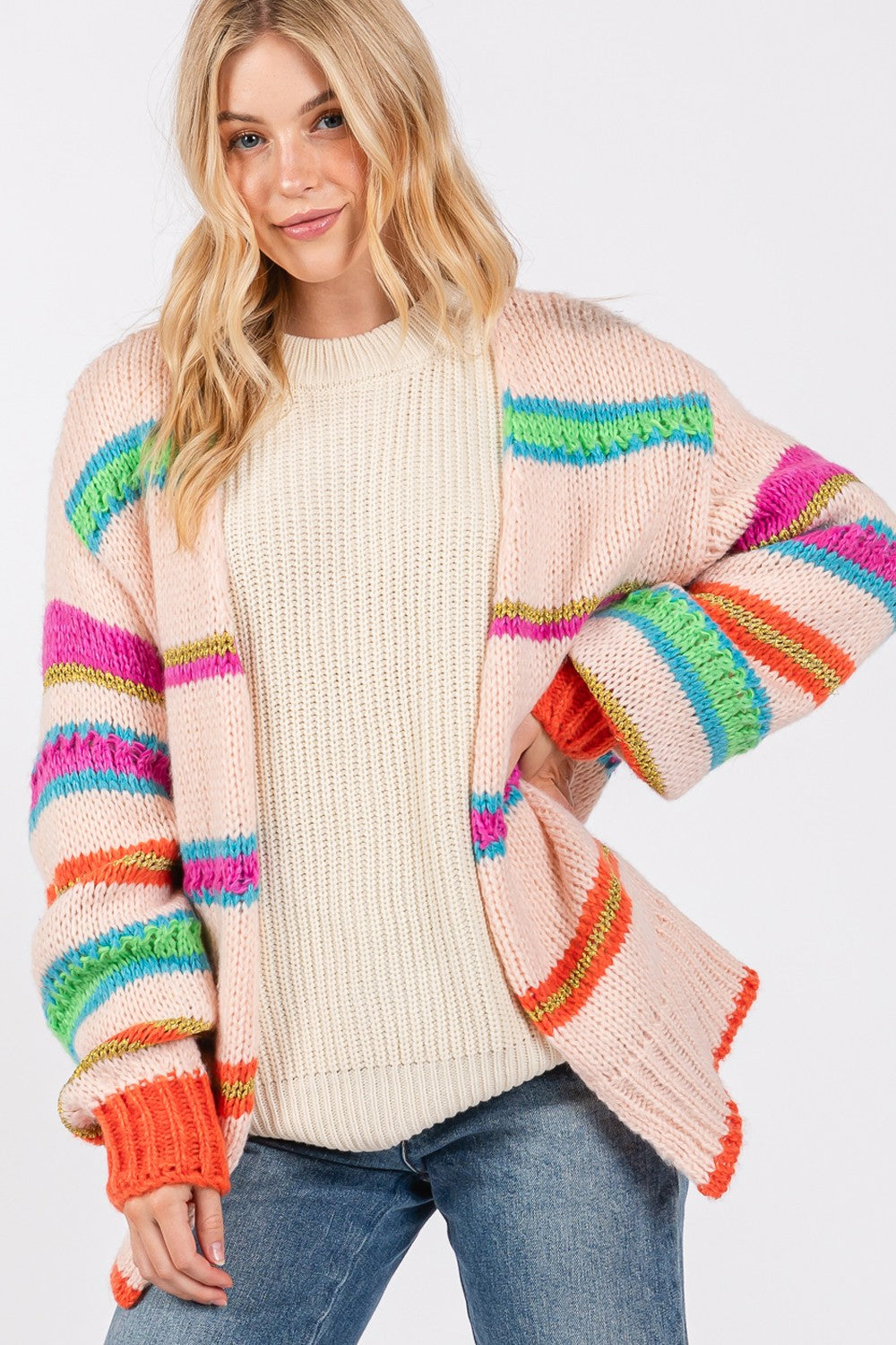 Striped Open Front Knit Cardigan