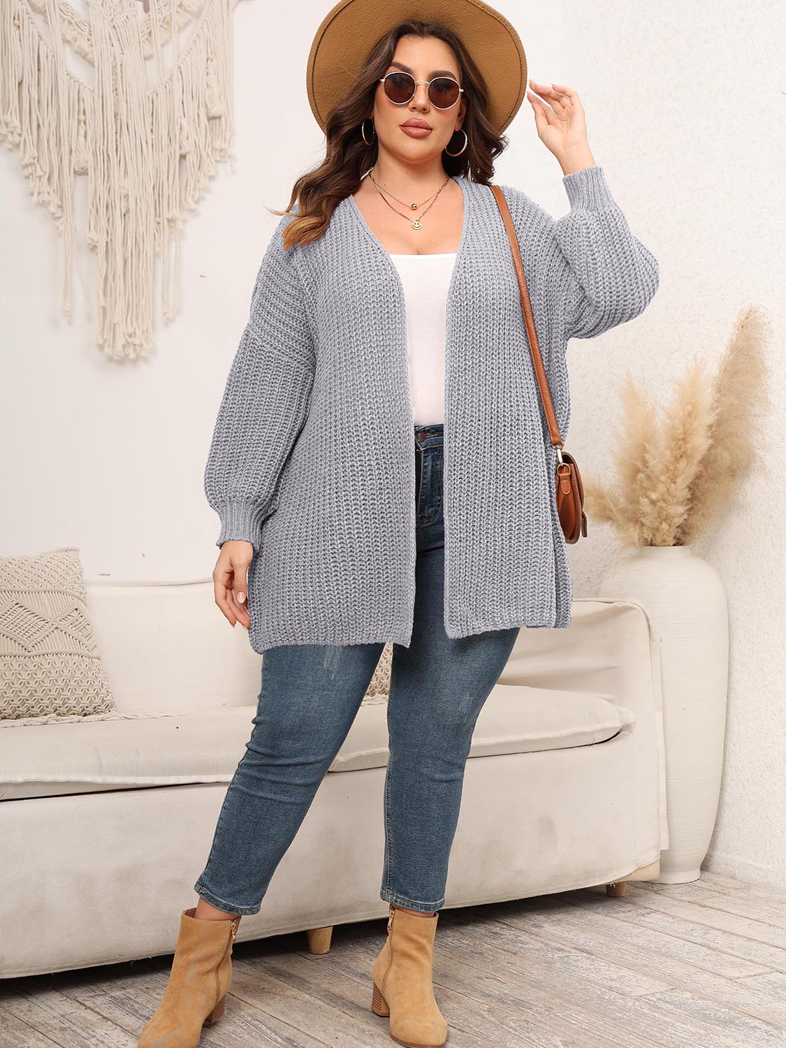 Open Front Dropped Shoulder Knit Cardigan