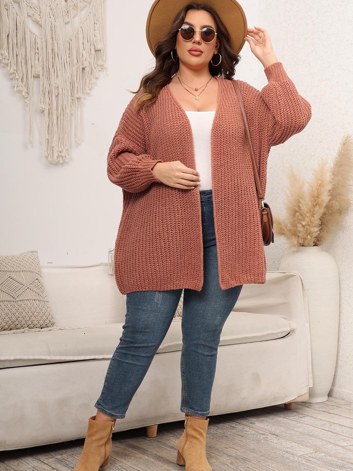 Open Front Dropped Shoulder Knit Cardigan