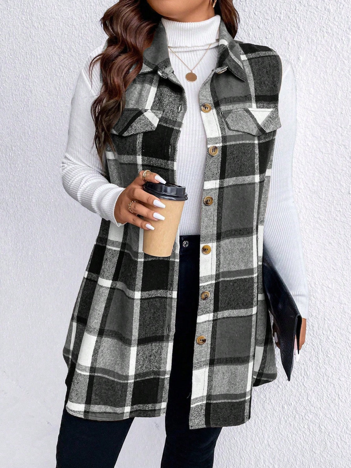 Plaid Button Up Vest Coat