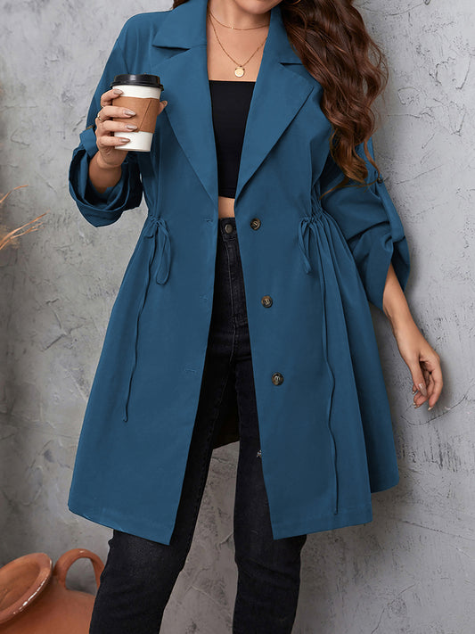 Lapel Collar Drawstring Roll-Tab Sleeve Trench Coat