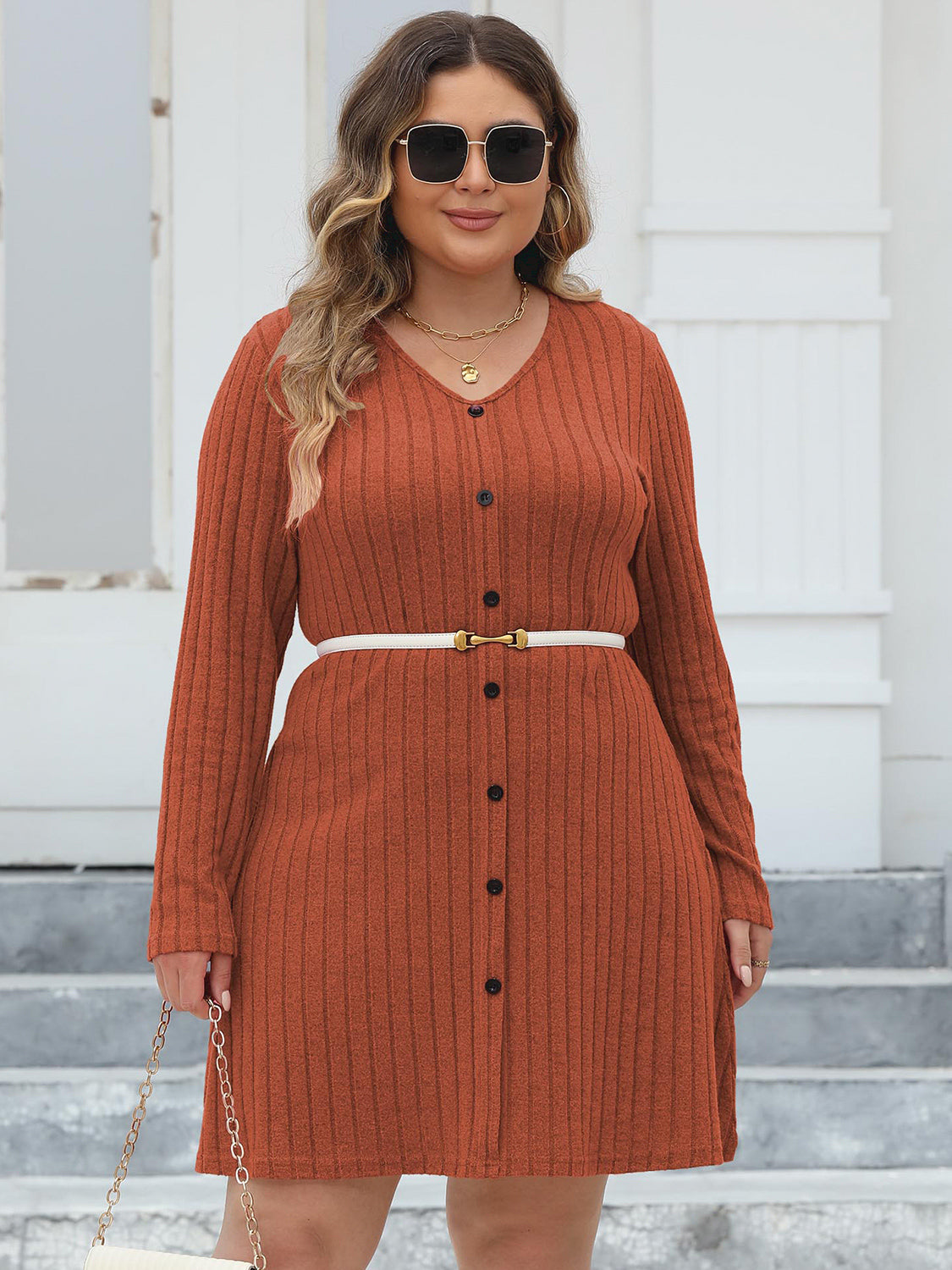 Ribbed Buttoned V-Neck Long Sleeve Dress