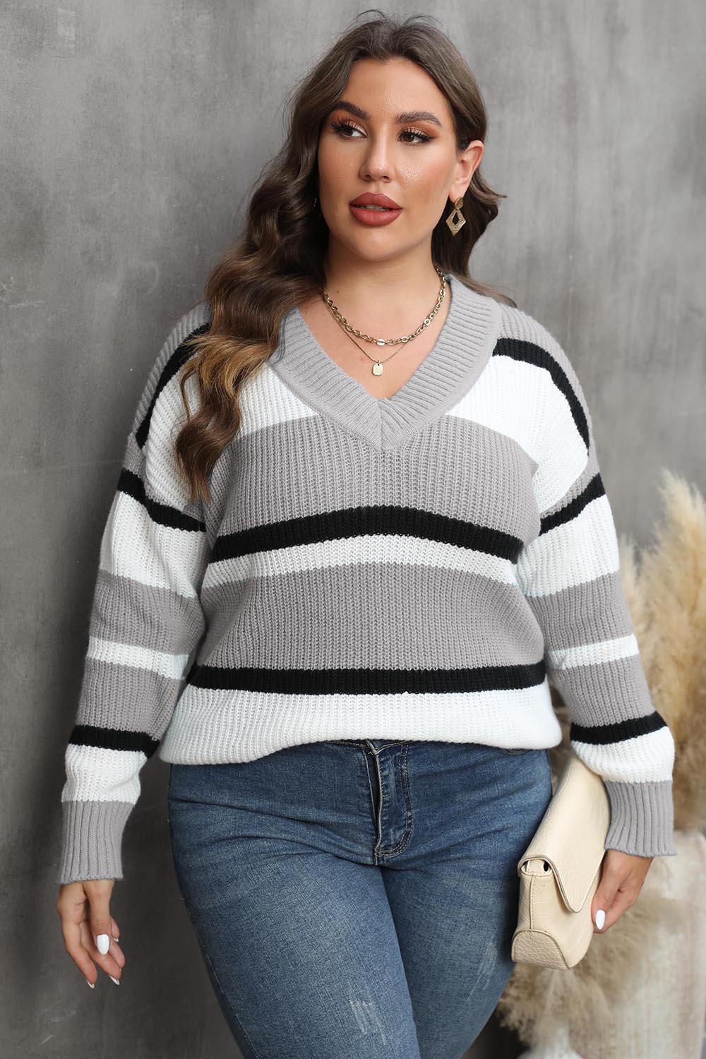 Striped V-Neck Dropped Shoulder Sweater