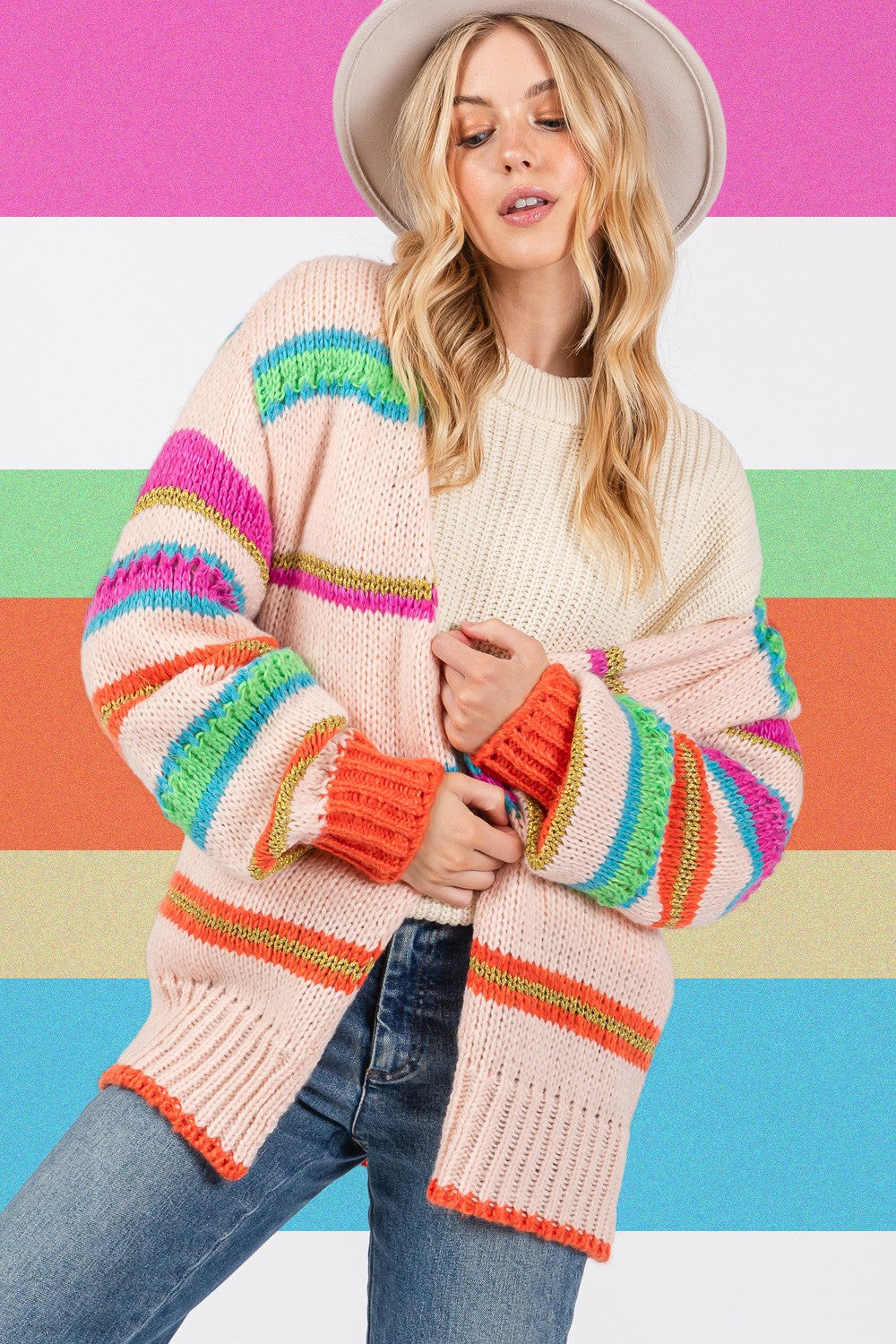 Striped Open Front Knit Cardigan