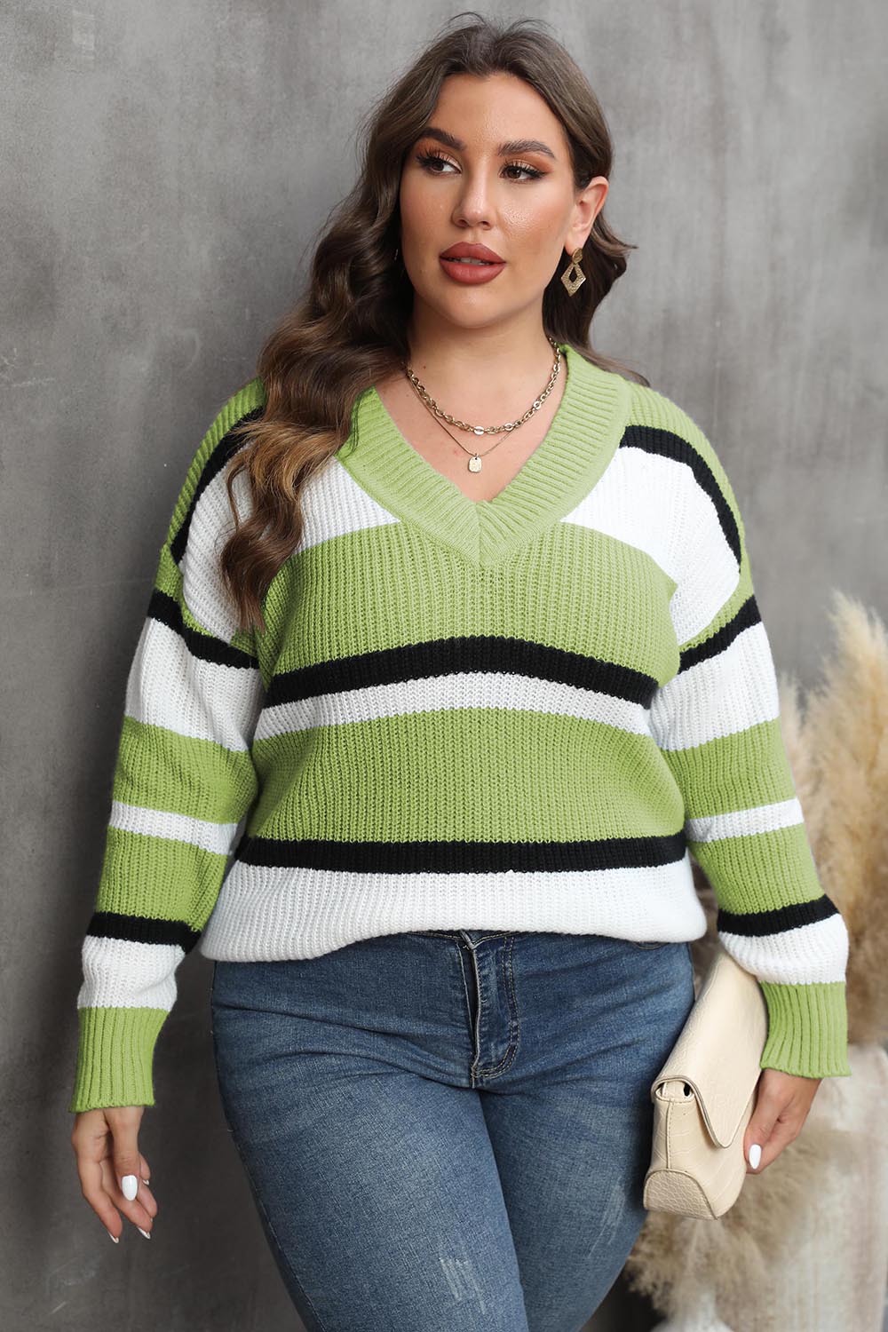 Striped V-Neck Dropped Shoulder Sweater