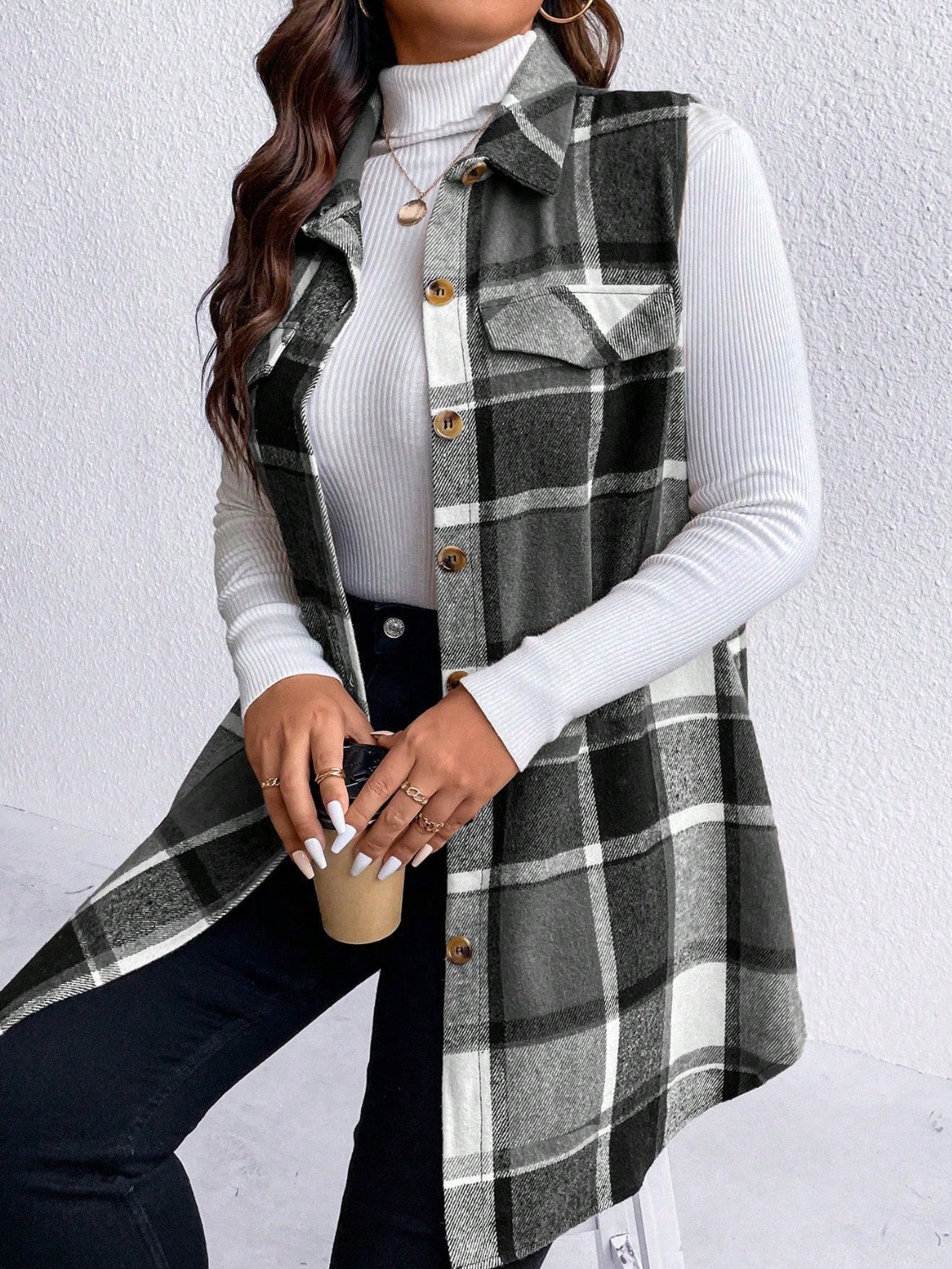 Plaid Button Up Vest Coat