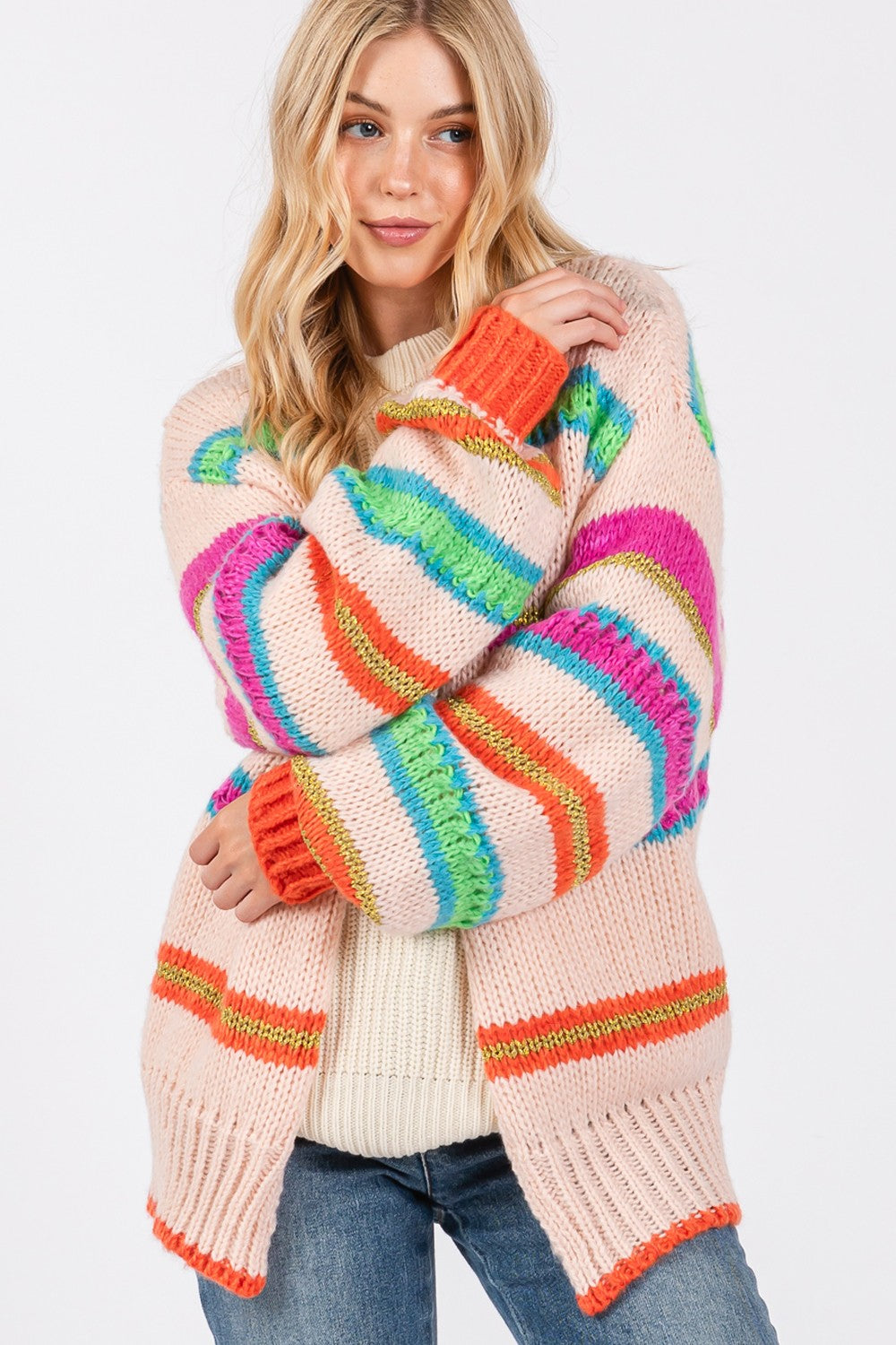 Striped Open Front Knit Cardigan