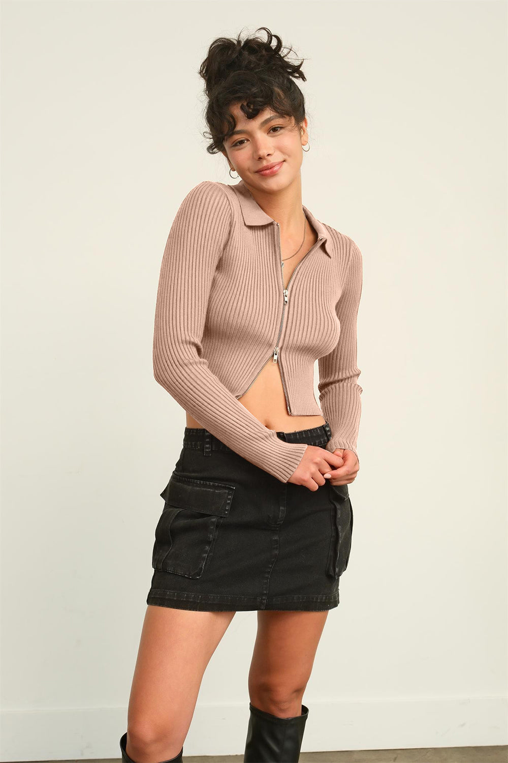 HYFVE Ribbed Double Zip Cropped Cardigan